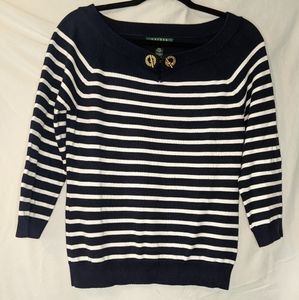 Lauren Ralph Lauren Nautical Navy & White Striped Sweater w/ Clasp, Medium